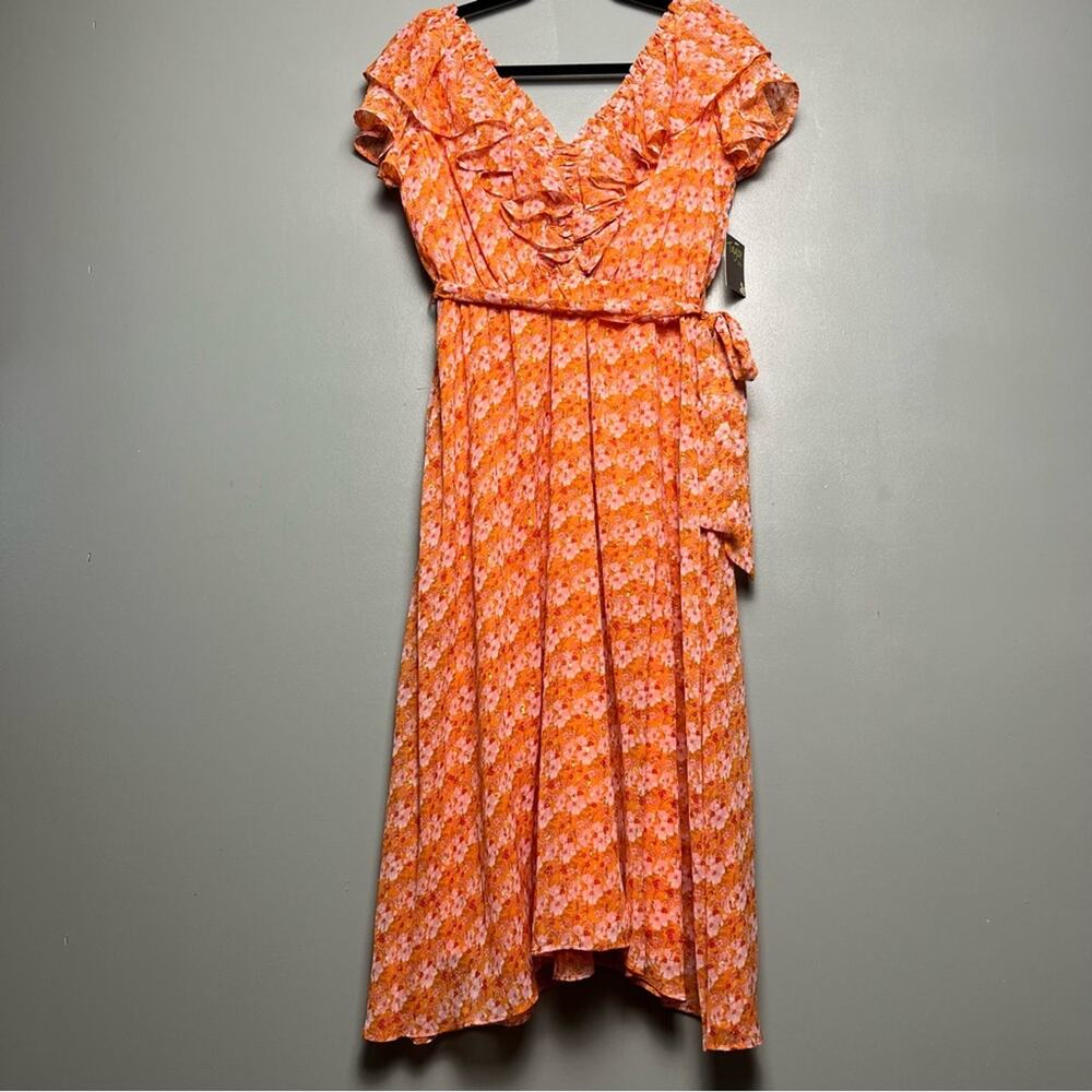 Flutter-Sleeve Orange Floral Midi Dress with Self-Tie Waist